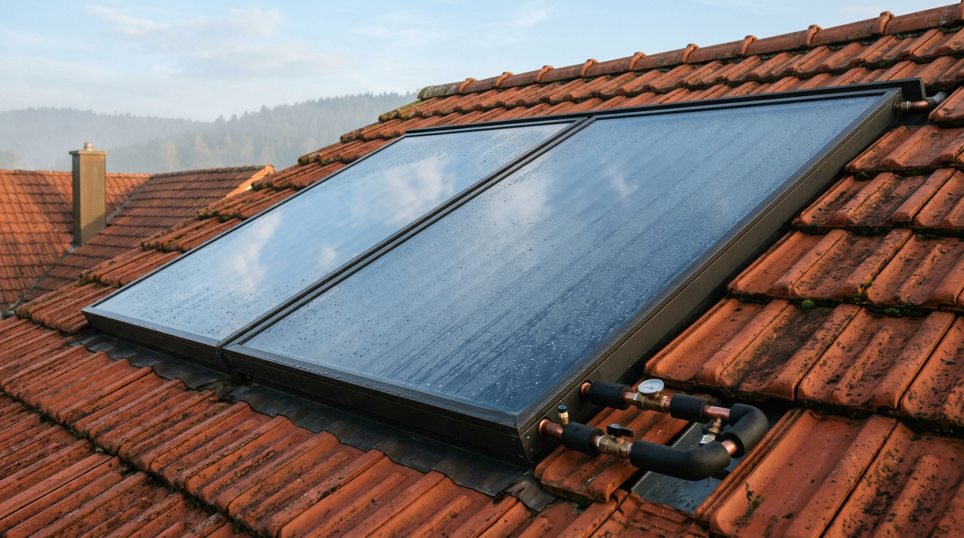Solarthermie-Anlage mit sauber verlegten Leitungen auf einem Wohnhausdach in der Region Peine