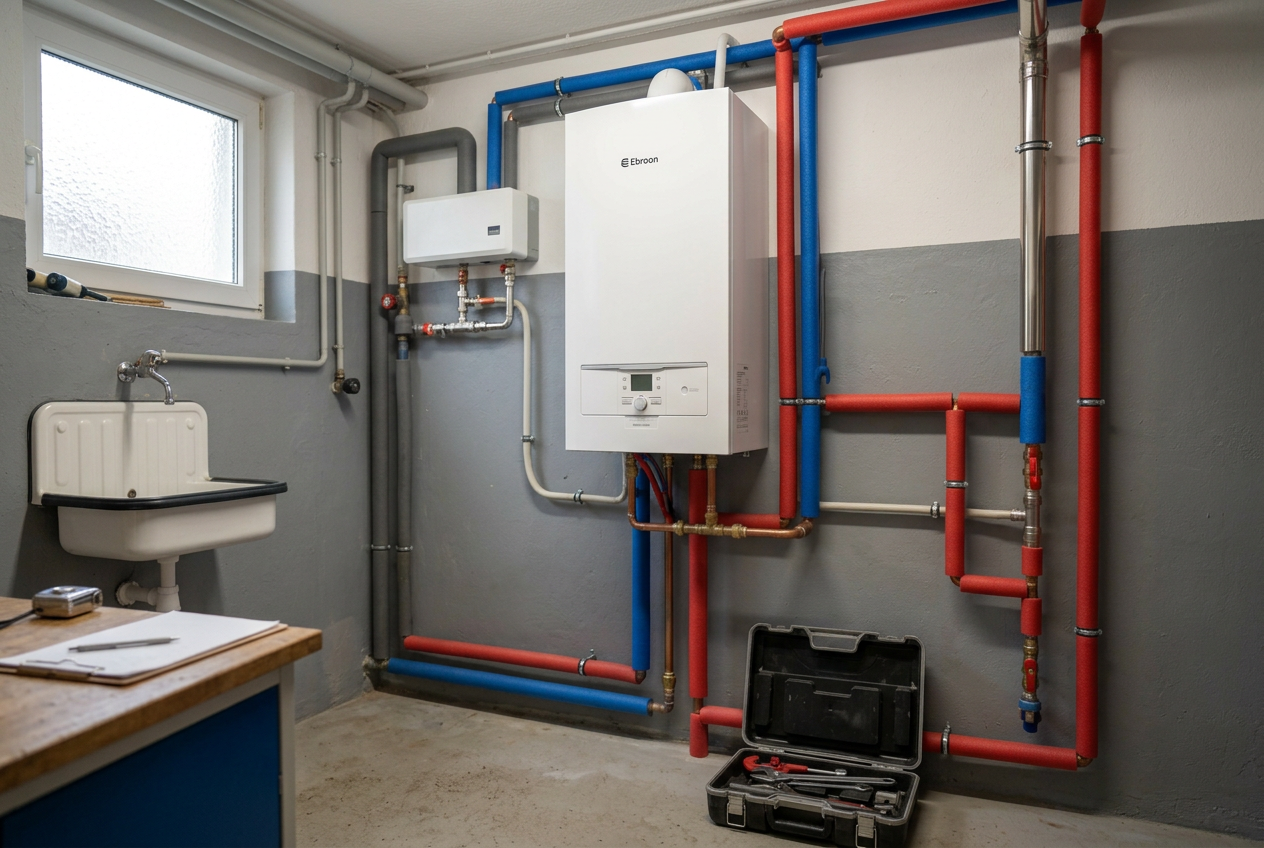 Moderne Gas-Brennwerttherme im Technikraum in Peine installiert durch Meisterbetrieb Kelm