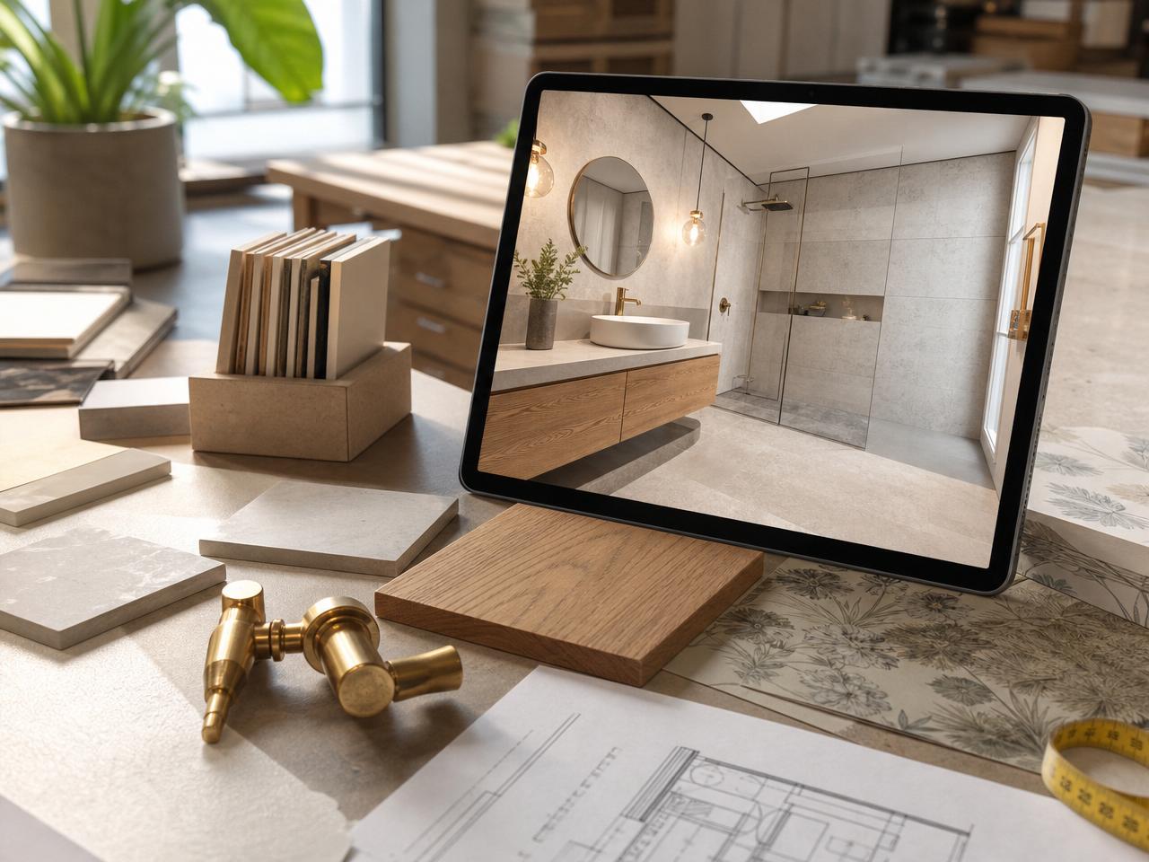 3D-Badplanung im Showroom von Kelm mit fotorealistischer Visualisierung eines neuen Badezimmers