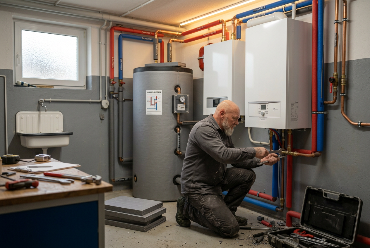 Hybridheizung aus Wärmepumpe und Brennwerttechnik im Technikraum eines Hauses in Peine